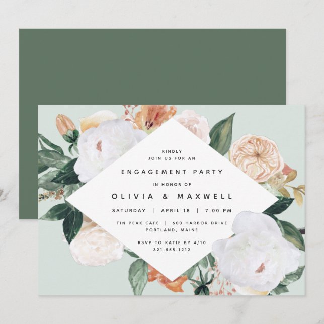 Invitación Boho Blooms | Partido de compromiso floral moderno (Anverso / Reverso)