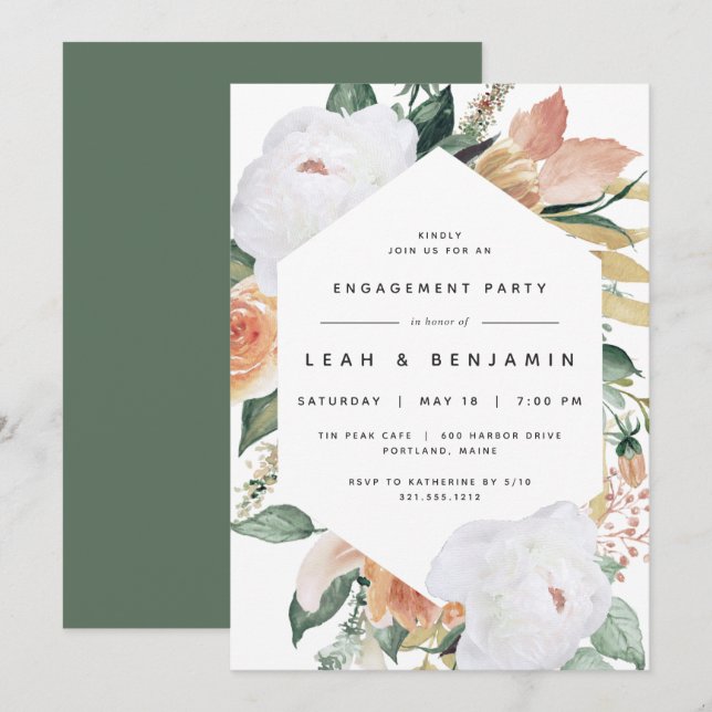 Invitación Boho Blooms | Partido de compromiso floral moderno (Anverso / Reverso)