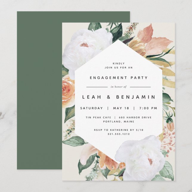 Invitación Boho Blooms | Partido de compromiso floral moderno (Anverso / Reverso)