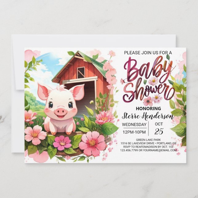 Invitación Boho Blooms y Piggy Baby Shower (Anverso)