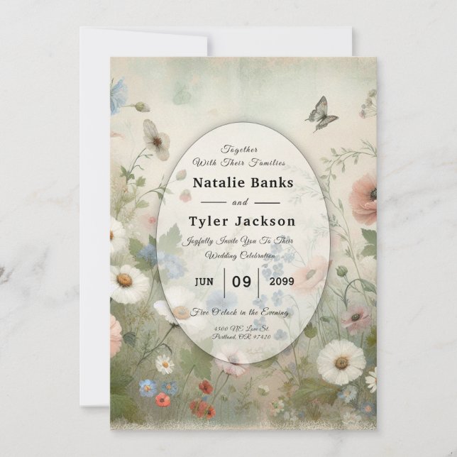 Invitación Boho Blooms y Vintage Vows Boda (Anverso)