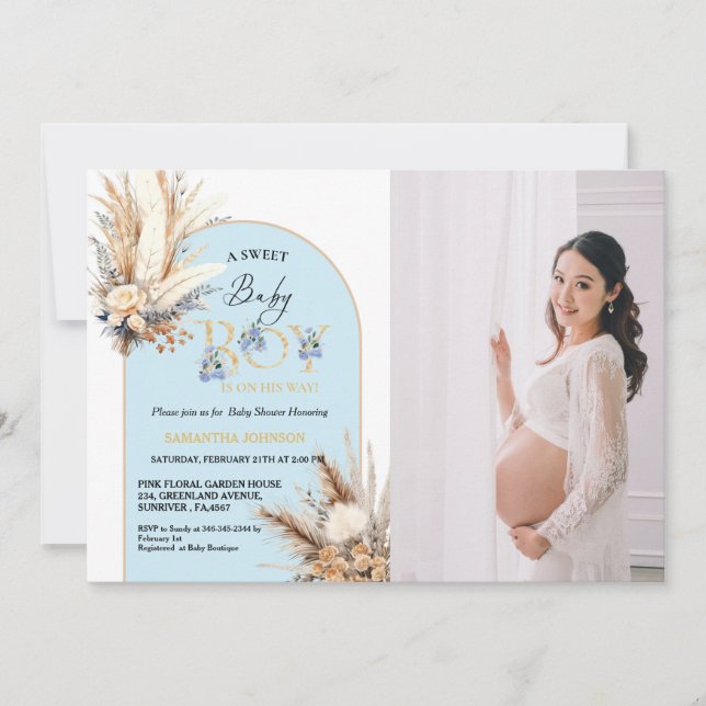 Invitación Boho Blue Arch Pampas Niño Grasa Baby Shower (Anverso)