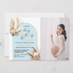 Invitación Boho Blue Arch Pampas Niño Grasa Baby Shower
