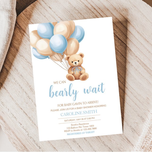 Invitación Boho Blue Balloon Bear Baby Shower (We Can Bearly Wait Boy Baby Shower Invitation)