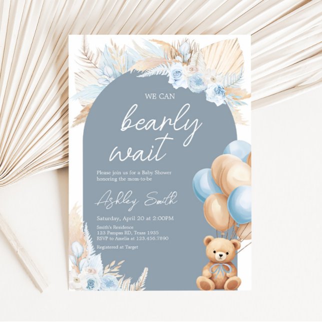 Invitación Boho Blue Bear Balloon Baby Shower (Sage Blue Balloons Baby Shower Invitation)