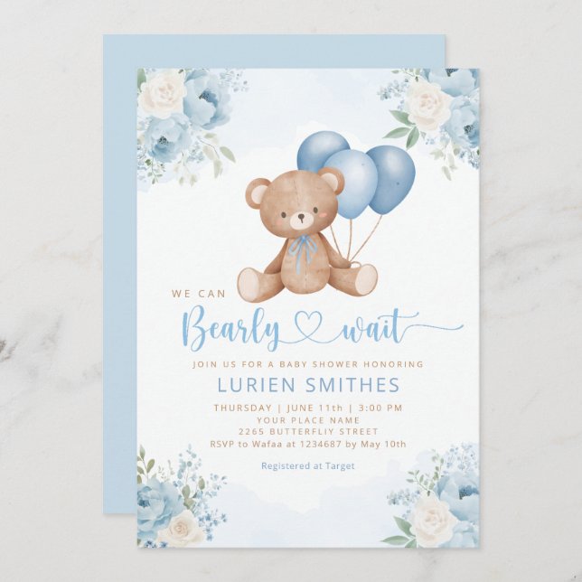 Invitación Boho Blue Bearly Wait Teddy Bear Boy (Anverso / Reverso)