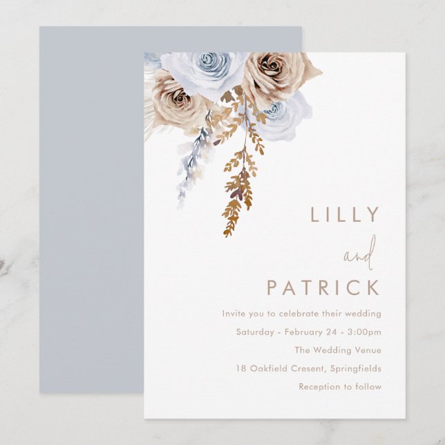 Invitación Boho Blue & Beige Flores Boda moderno (Anverso / Reverso)