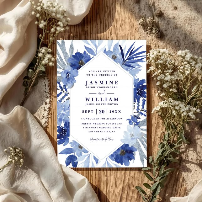 Invitación Boho Blue Bouquet Floral Elegant QR Code Wedding (Subido por el creador)