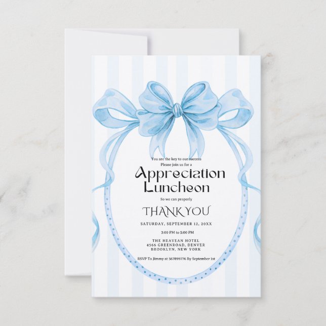 Invitación Boho blue  Bow appreciation party grateful party  (Anverso)