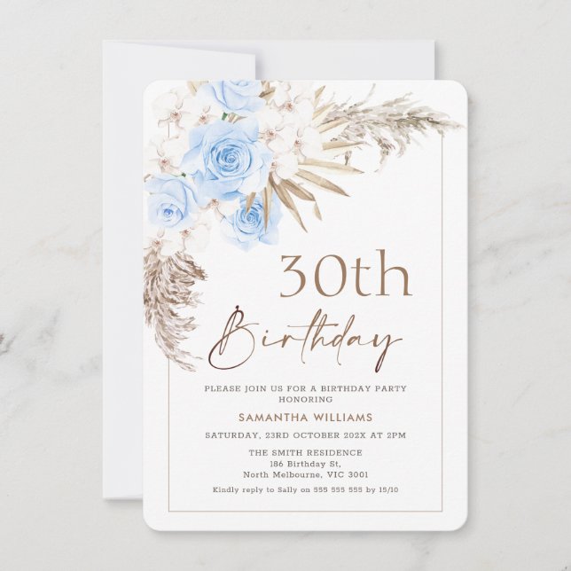 Invitación Boho Blue Brown Floral Pampas Aniversario de la Gr (Anverso)
