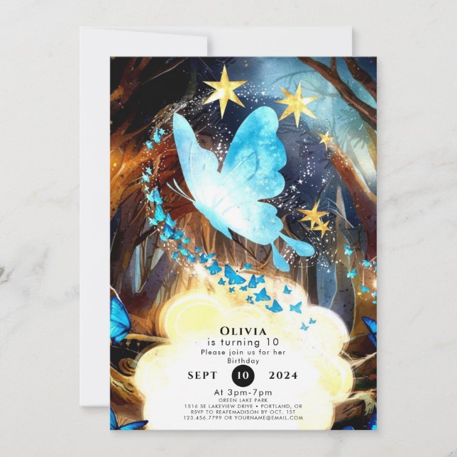 Invitación Boho Blue Butterfly Birday (Anverso)