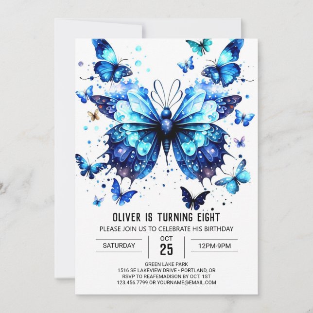 Invitación Boho Blue Butterfly Boy Cumpleaños (Anverso)