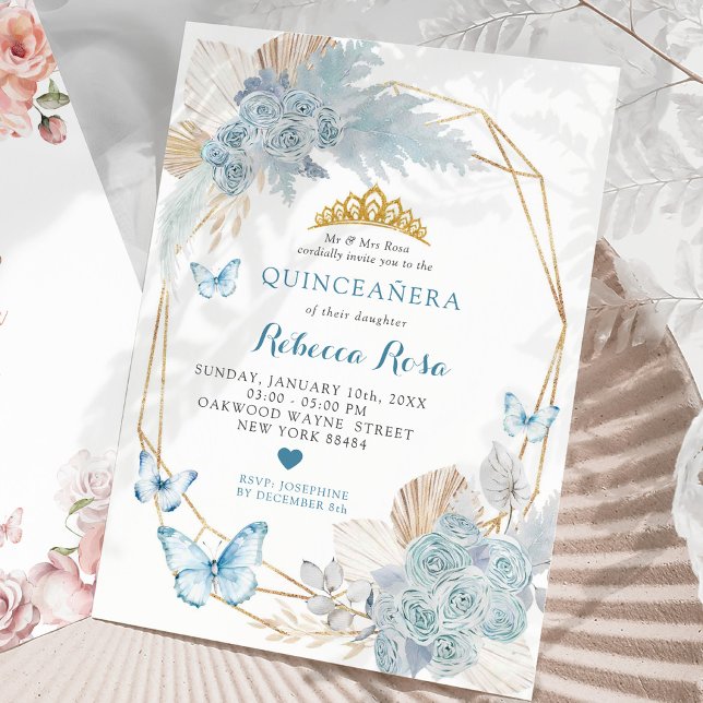Invitación Boho Blue Butterfly Geométrico Quinceañera (Subido por el creador)