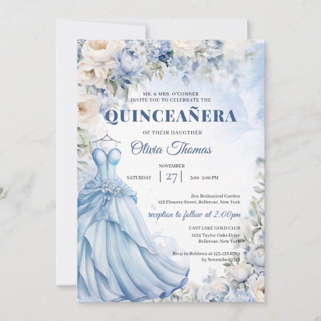Invitación Boho Blue Dress & tiara hidrangea y rosas blancas (Anverso)