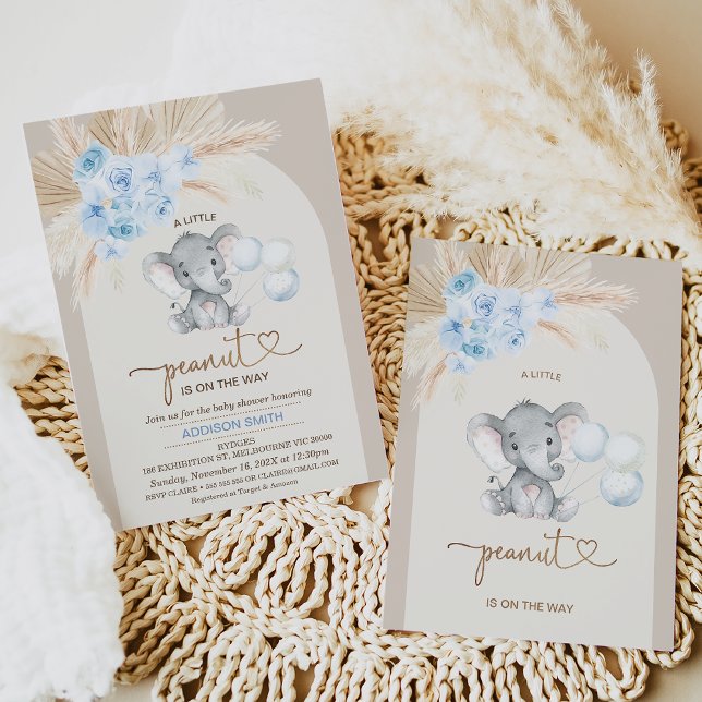 Invitación Boho Blue Floral Arch Little Peanut Baby Shower (Boy's elephant themed little peanut baby shower invitation featuring a blue boho floral arrangement.)