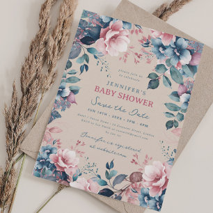 Invitación Boho Blue Floral Baby Shower Save Date Champagne