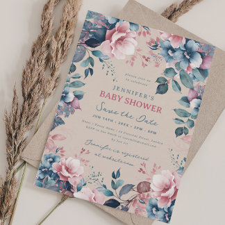 Invitación Boho Blue Floral Baby Shower Save Date Champagne