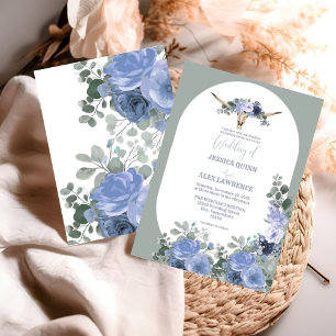 Invitación Boho Blue Floral Boots Cowboy Boda occidental