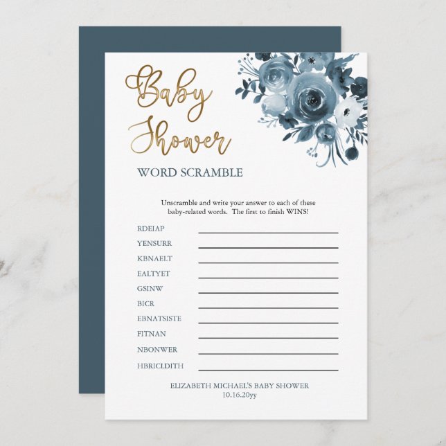 Invitación Boho Blue Floral Boy Baby Shower Word Scramble (Anverso / Reverso)