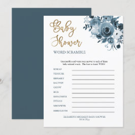Invitación Boho Blue Floral Boy Baby Shower Word Scramble