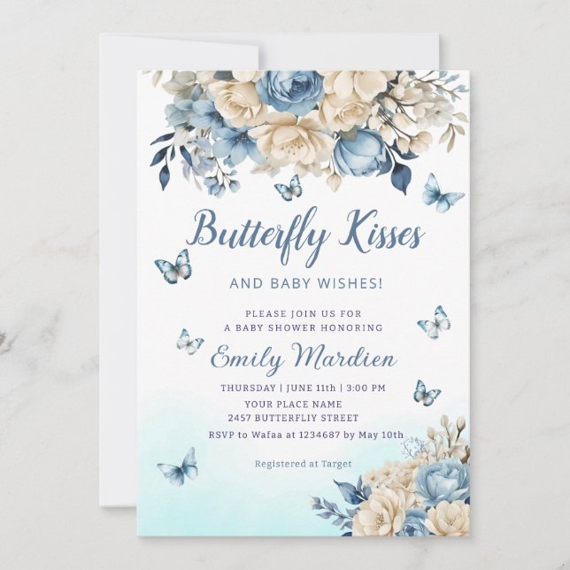 Invitación Boho Blue Floral Butterfly Kiss Chica Baby Shower (Anverso)