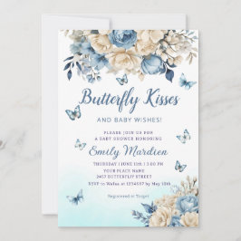 Invitación Boho Blue Floral Butterfly Kiss Chica Baby Shower