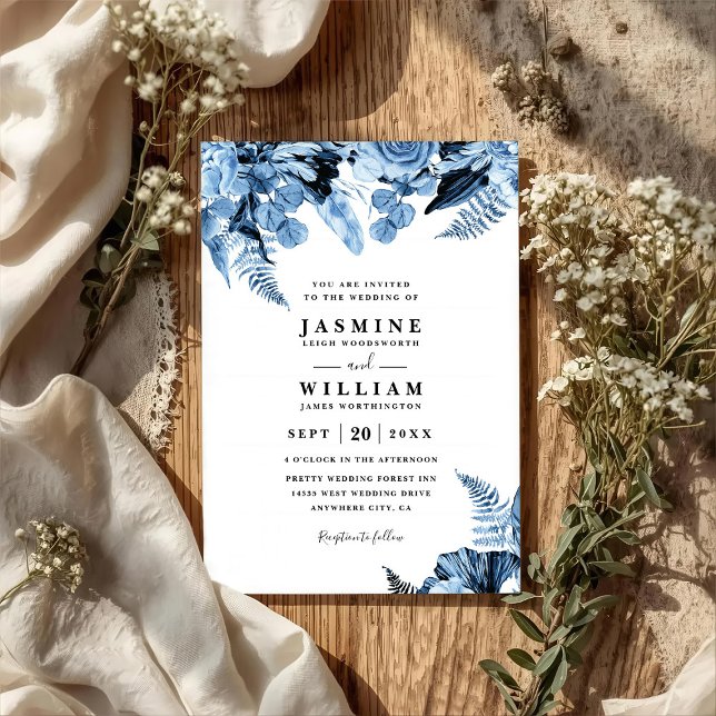 Invitación Boho Blue Floral Elegant Modern QR Code Wedding (Subido por el creador)