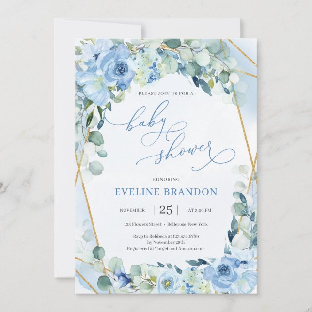 Invitación Boho Blue Floral Gold Geométrico Boy Baby Shower (Anverso)