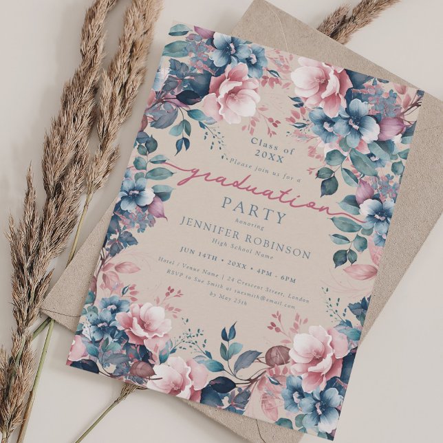 Invitación Boho Blue Floral Graduation Party Champagne (Boho Blue Floral Graduation Party Champagne Invitation)