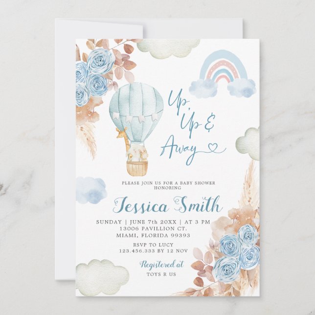 Invitación Boho Blue Floral Hot Air Balloon Baby Shower (Anverso)
