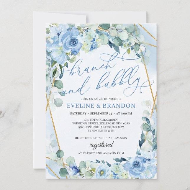 Invitación Boho Blue Floral Oro Geométrico Brunch y Burbujas (Anverso)