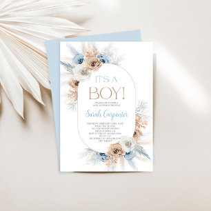 Invitación Boho Blue Floral Pampas Grass Baby Shower Boy