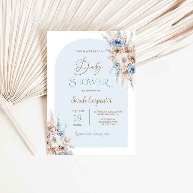 Invitación Boho Blue Floral Pampas Grass Baby Shower Boy (Subido por el creador)