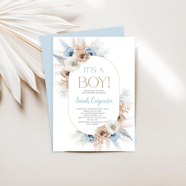 Invitación Boho Blue Floral Pampas Grass Baby Shower Boy (Subido por el creador)