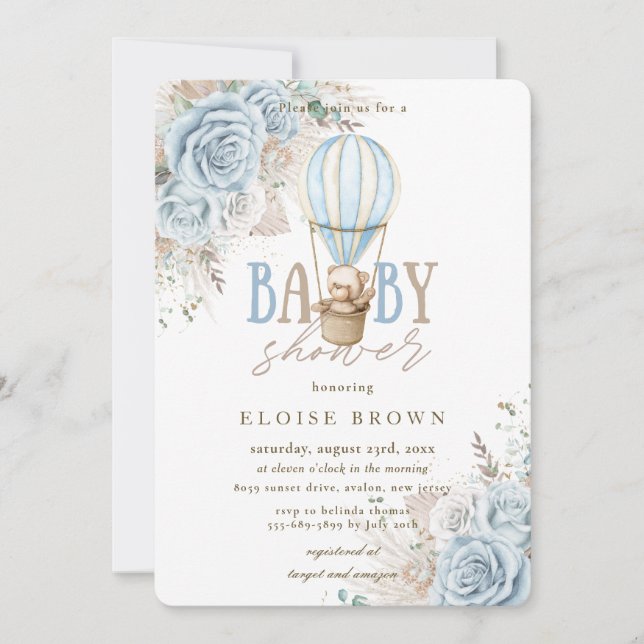Invitación Boho Blue Floral Pampas Teddy Bear Baby Shower (Anverso)
