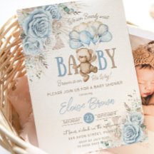 Boho Blue Floral Pampas Teddy Bear Boy Baby Shower