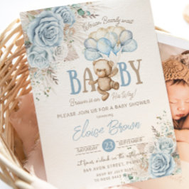 Invitación Boho Blue Floral Pampas Teddy Bear Boy Baby Shower