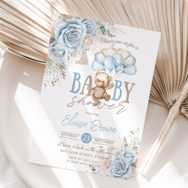 Invitación Boho Blue Floral Pampas Teddy Bear Boy Baby Shower (Subido por el creador)