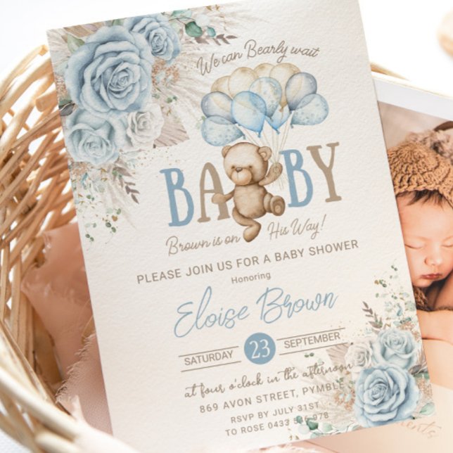 Invitación Boho Blue Floral Pampas Teddy Bear Boy Baby Shower (Subido por el creador)