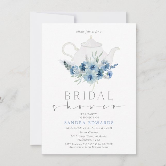 Invitación Boho Blue Floral Tea Fiesta Bridal Shower (Anverso)
