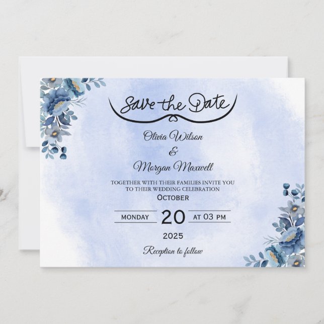 Invitación Boho Blue Floral Wedding Save the Date (Anverso)