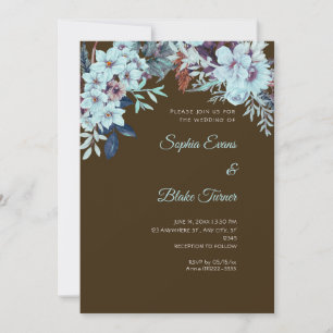 Invitación Boho Blue Floral Winter Mocha Brown Boda