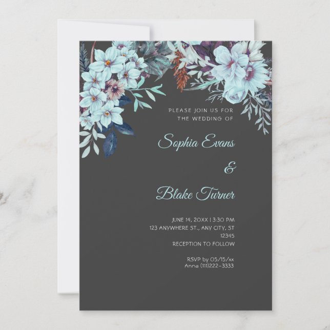 Invitación Boho Blue Floral Winter Shadow Gray Boda (Anverso)