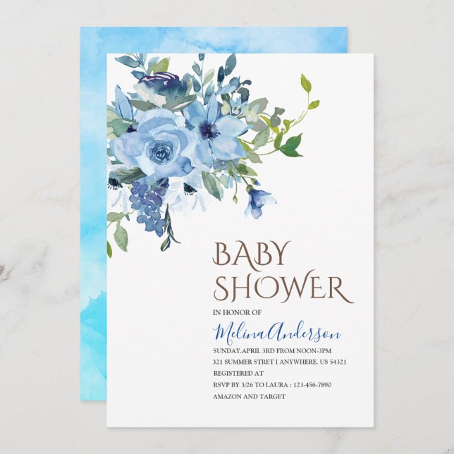 Invitación Boho Blue Flowesor acuarela ducha bebé (Anverso / Reverso)