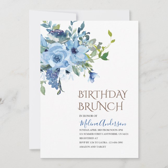 Invitación Boho Blue Flowesr brunch de cumpleaños acuarela (Anverso)