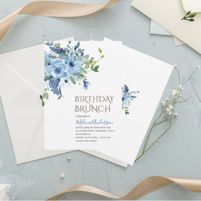 Invitación Boho Blue Flowesr brunch de cumpleaños acuarela (Subido por el creador)