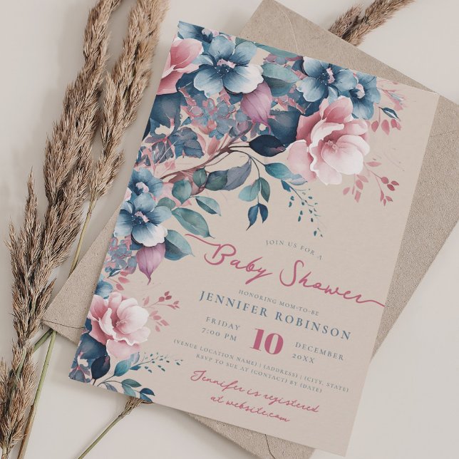 Invitación Boho Blue Garden Floral Baby Shower Champagne (Boho Blue Garden Floral Baby Shower Champagne Invitation)