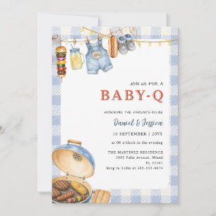 Invitación Boho Blue Gingham Baby Q BBQ Fiesta de Revelación