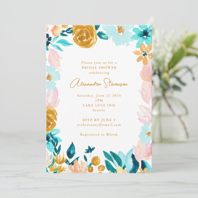 Invitación Boho Blue Gold Floral Frame Border Shower (Anverso de pie)
