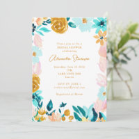 Boho Blue Gold Floral Frame Border Shower